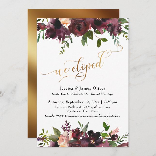We Eloped Deep Red Burgundy Floral Gold Script Invitation (Front/Back)
