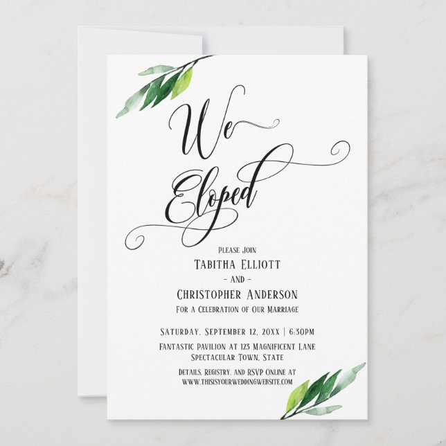 We Eloped Elaborate Script and Greenery Invitation (Front)
