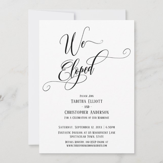 We Eloped Elaborate Script, Black and White Invitation (Front)
