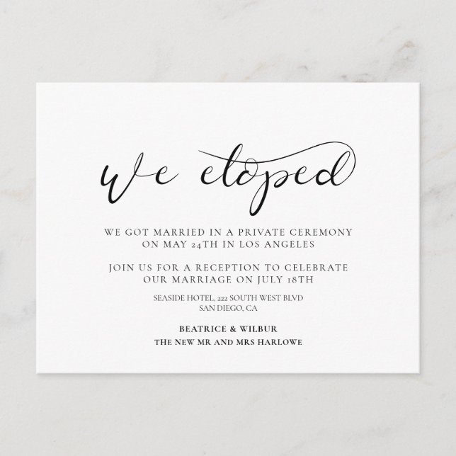 We eloped Elegant calligraphY announcement Postcard (Front)