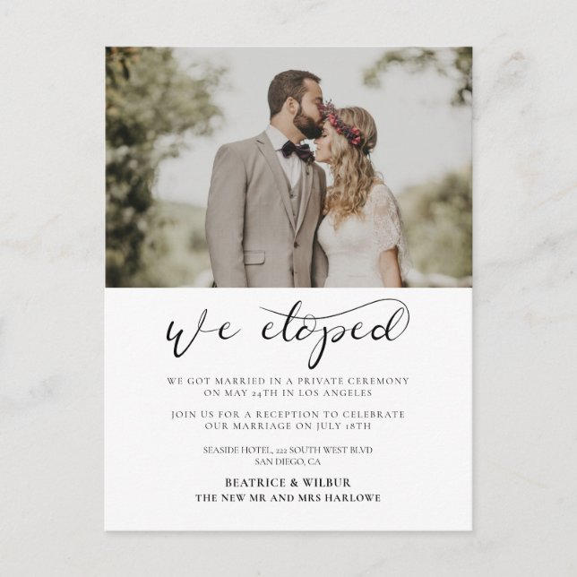We eloped Elegant calligraphy wedding announcement Postcard (Front)