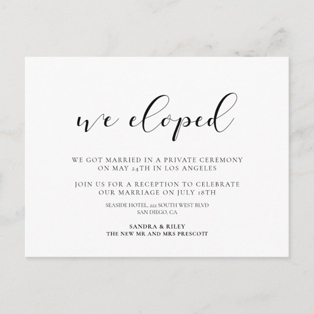 We eloped Elegant design announcement Postcard (Front)