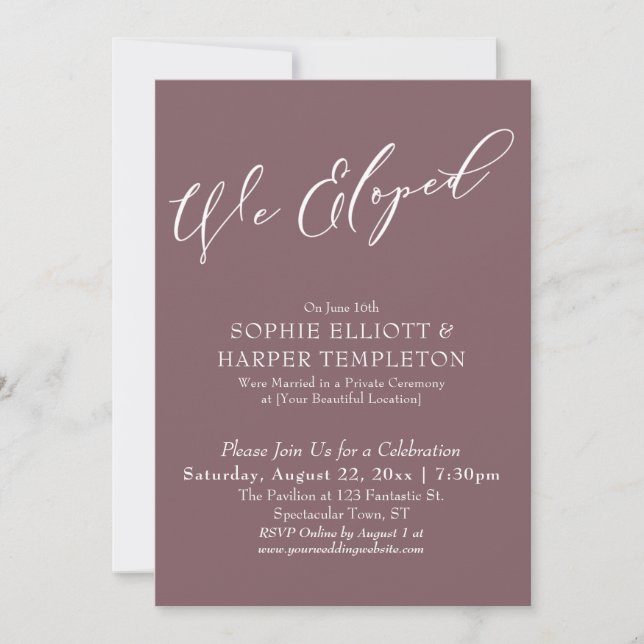 We Eloped, Elegant Simple Dark Mauve Celebration Invitation (Front)