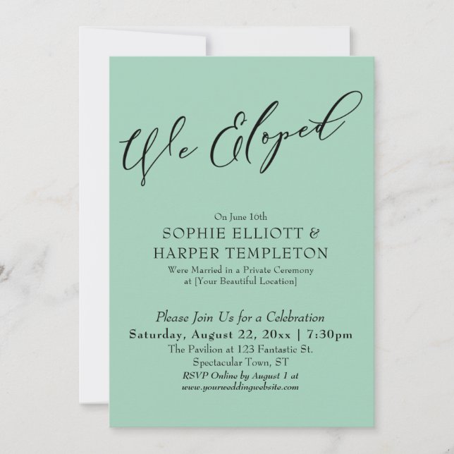 We Eloped, Elegant Simple Light Green Celebration Invitation (Front)