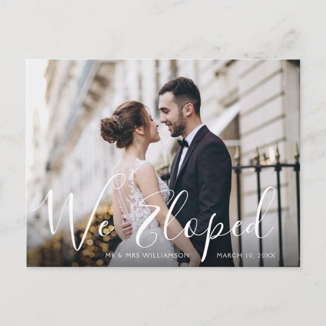 WE ELOPED | fun script wedding Announcement Postcard (Front)
