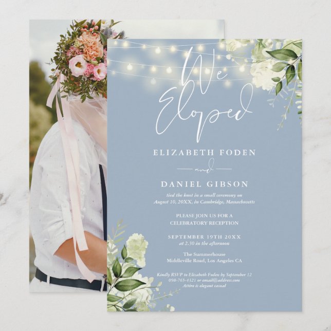 We Eloped Greenery Dusty Blue Photo Wedding Party Invitation (Front/Back)