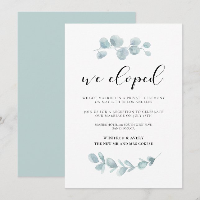 We eloped Greenery wedding announcement (Front/Back)