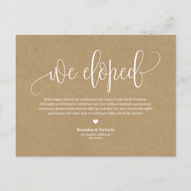 We Eloped | Kraft Paper Pretty Script Elopement Announcement Postcard (Front)