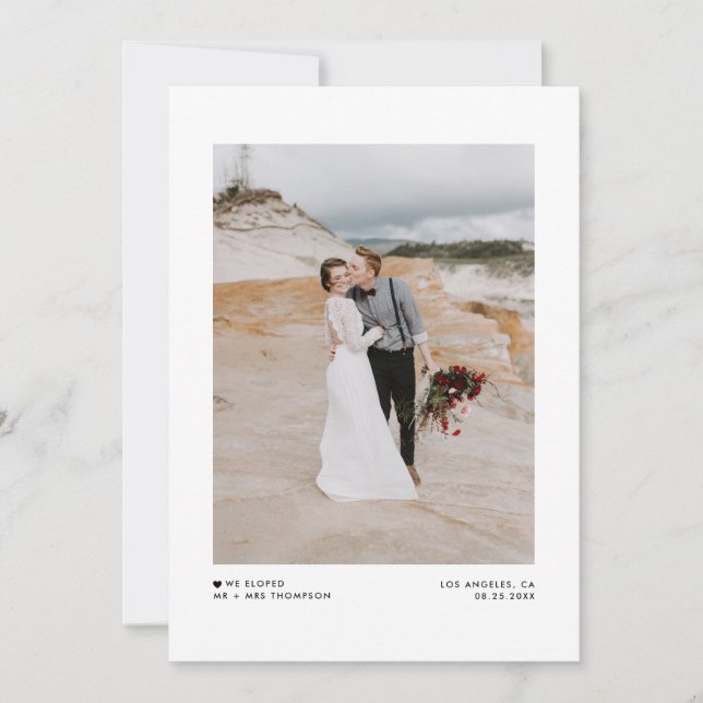 We Eloped Modern Minimalist Black Photo Wedding Announcement (Front)