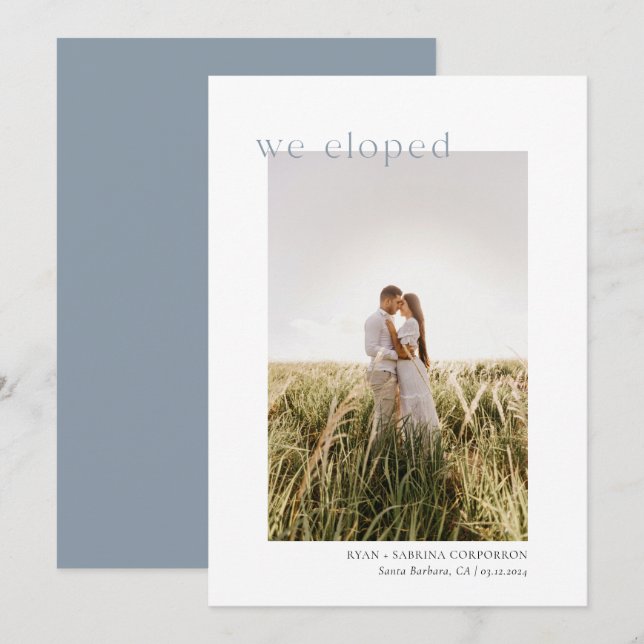 We Eloped Modern Minimalist Dusty Blue Announcement (Front/Back)