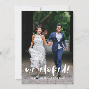 We eloped Modern script wedding photo card