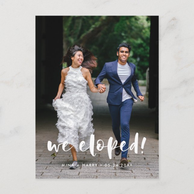 We eloped Modern script wedding photo Postcard (Front)