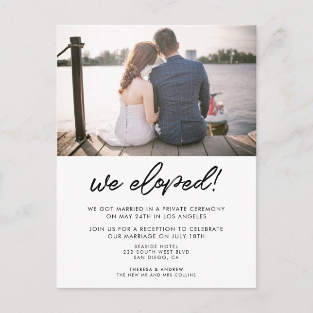 We eloped Modern typography photo announcement Postcard (Front)