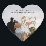 We Eloped Name Photo Artsy Script Heart Sticker<br><div class="desc">Handy for your mailings after your elopement, in a romantic heart shape, with your favourite photo of you both from your day which you simply upload to replace the sample. The typography is overlaid on top. We Eloped is in a modern artsy set script with a heart motif, and simple...</div>