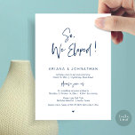 We Eloped, Navy Blue, Wedding Elopement Invitation<br><div class="desc">Beautiful Modern Beautiful Casual Minimal,  Navy Blue Script font,  Wedding Elopement Announcement,  Invitation card (So,  We Eloped). This is perfect for your wedding reception and post-wedding celebration party. Add your details in matching font / lettering.
#TeeshaDerrick</div>