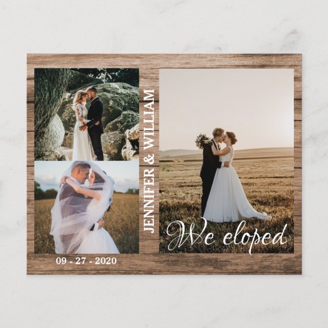 We Eloped Photo Collage Wood Wedding Announcement  (Front)