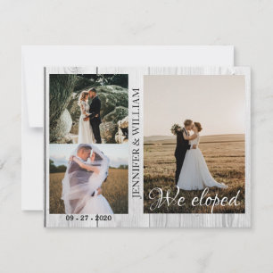We Eloped Photo Collage Wood Wedding Announcement 