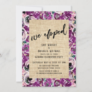 We Eloped Pink Painted Floral Burlap Reception Invitation