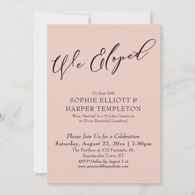 We Eloped, Pretty Elegant Simple Blush Celebration Invitation (Front)