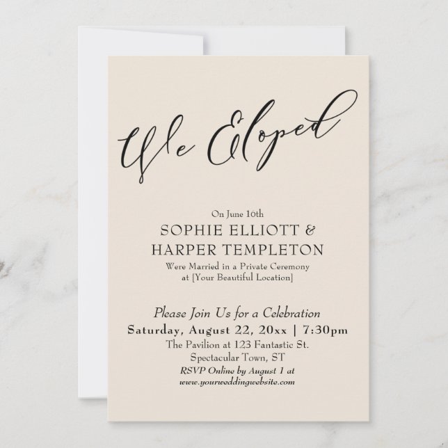 We Eloped, Pretty Elegant Simple Cream Celebration Invitation (Front)