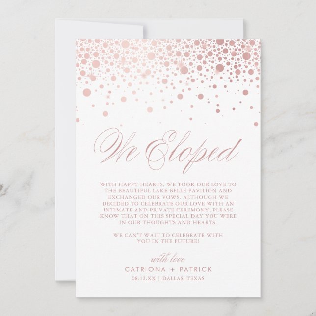 We Eloped Rose Gold Foil Confetti White Wedding Announcement (Front)