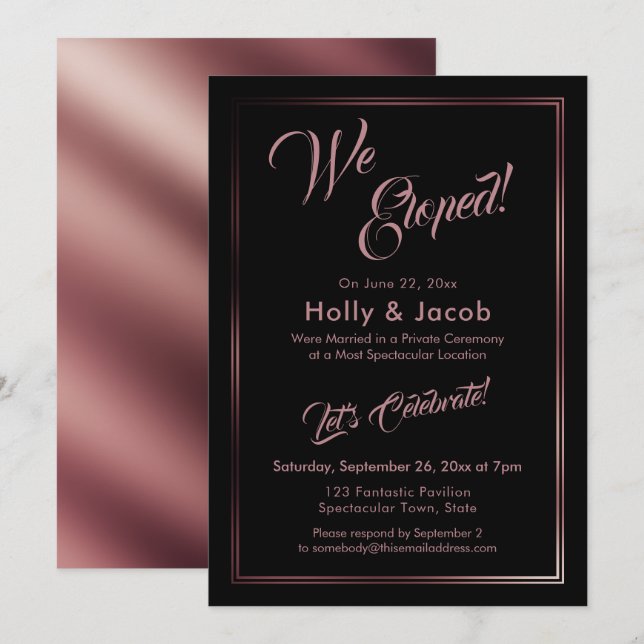 We Eloped Rose Gold Over Black Reception Invitation (Front/Back)