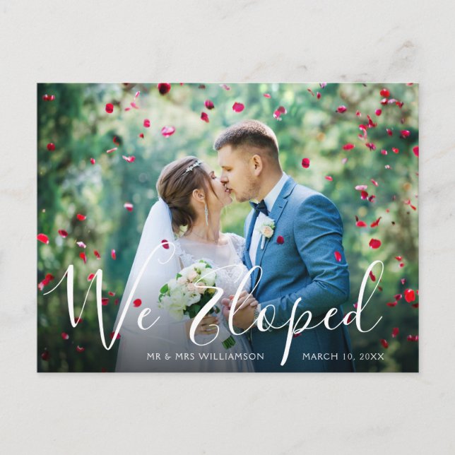 WE ELOPED | script wedding Announcement Postcard (Front)