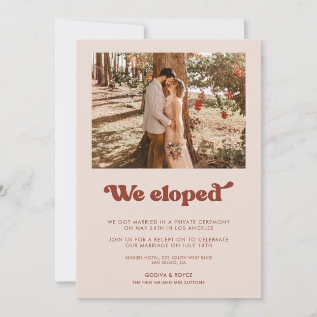 We eloped Stylish retro Peach Pink announcement (Front)