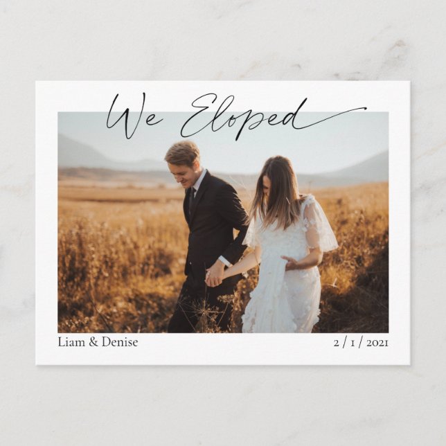 We Eloped Surprise Script Wedding Announcement Postcard (Front)