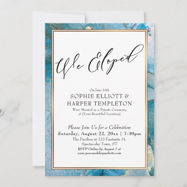 We Eloped Teal & Gold Ink Reception Only Invitation (Front)
