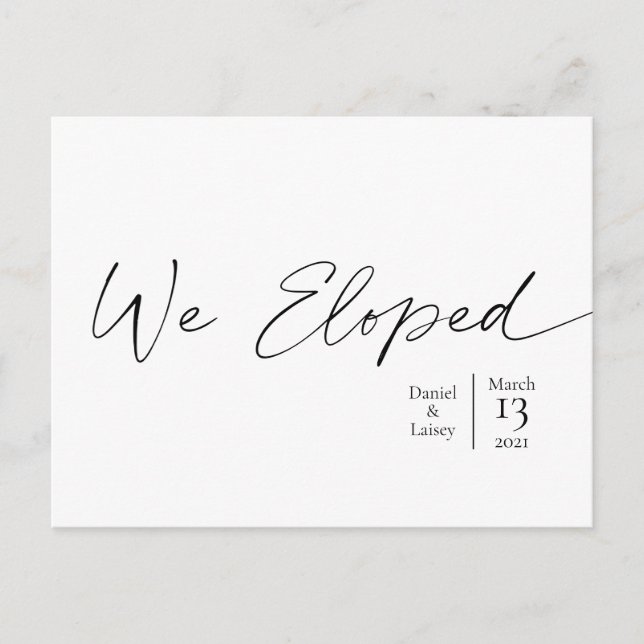 We Eloped Text Elegant Script Minimal Announcement Postcard (Front)