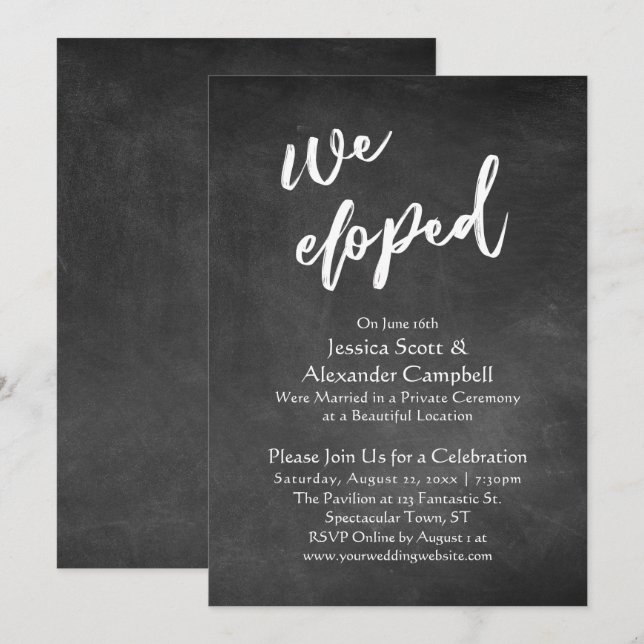 We Eloped Typography on Chalkboard, Celebration Invitation (Front/Back)