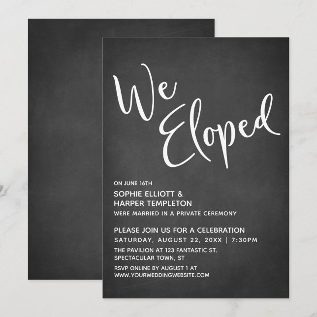 We Eloped Typography on Subtle Chalkboard Invitation (Front/Back)