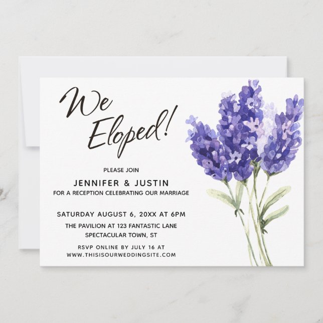 We Eloped Typography Watercolor Lavender Flowers Invitation (Front)