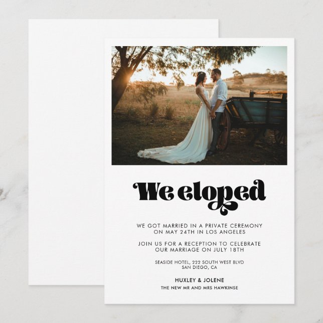 We eloped Vintage retro script announcement (Front/Back)