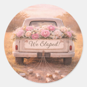 We Eloped Vintage Truck Blush Floral Wedding Classic Round Sticker