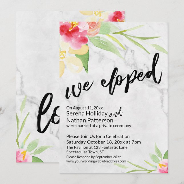 We Eloped Watercolor Flowers & Grey Marble Invitation (Front/Back)