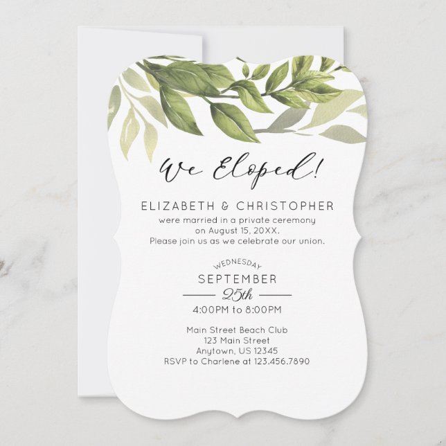 We Eloped Watercolor Greenery Wedding Elopement Invitation (Front)