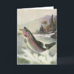 We Fish You A Merry Christmas, Vintage Trout Holiday Card<br><div class="desc">We fish you a Merry Christmas and a Happy New Year! Easy to customize this Christmas card to personalize with your own holiday message,  or just add your names. 
Vintage illustration marine life design featuring a fisherman catching rainbow trout fish in a river.</div>