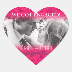 We got engaged pink hearts photo bow engagement heart sticker