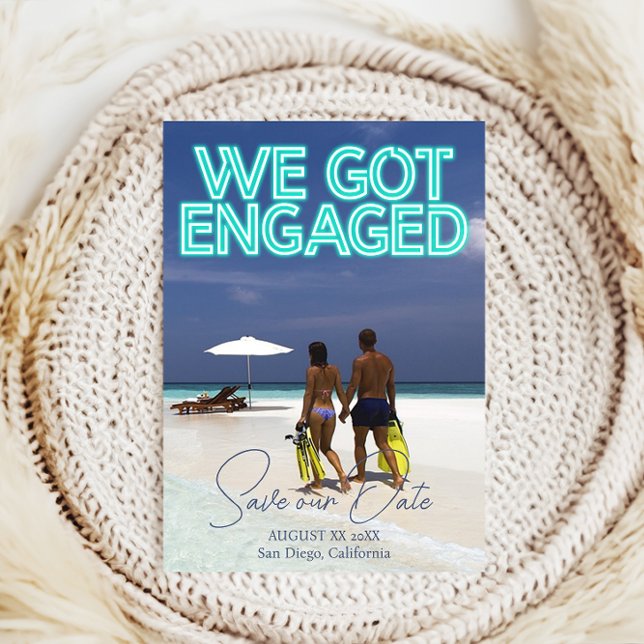 We Got Engaged Teal Neon Lights Photo Save The Date (Creator Uploaded)
