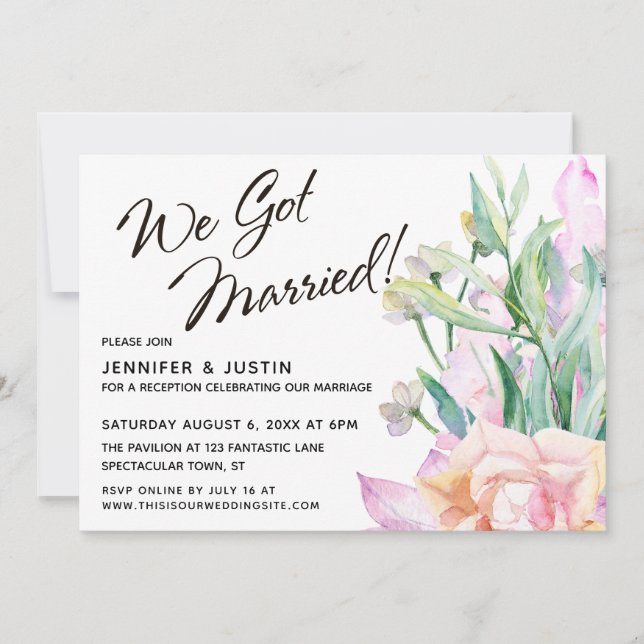We Got Married Artistic Watercolor Floral Bouquet Invitation (Front)