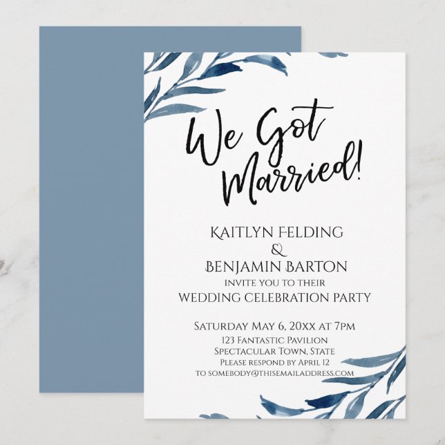 "We Got Married!" Blue Leaves Reception-Only Invitation (Front/Back)