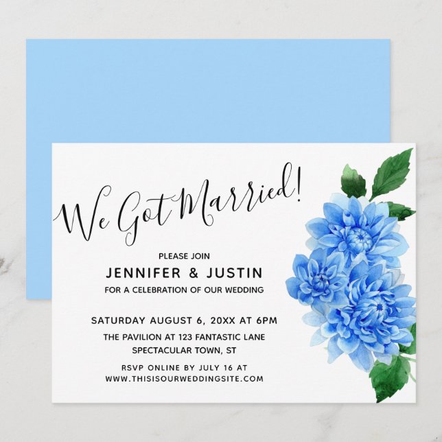 We Got Married! Blue Watercolor Dahlia Flowers Invitation (Front/Back)