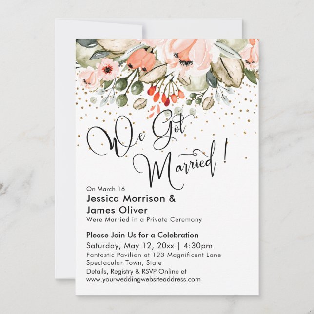 We Got Married! Blush Florals & Gold Confetti Invitation (Front)