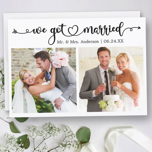 We Got Married Calligraphy Heart 2 Photo Wedding Announcement (Customize to change your personalized text size, text style or to add text to back of card.)
