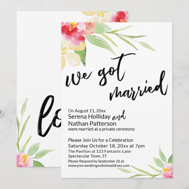 We Got Married Casual Script Watercolor Flowers Invitation (Front/Back)