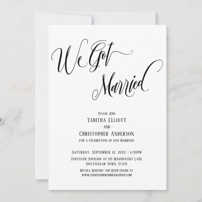 We Got Married Elaborate Script, Black and White Invitation (Front)