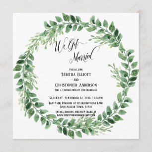 We Got Married Elaborate Script Green Wreath Invitation