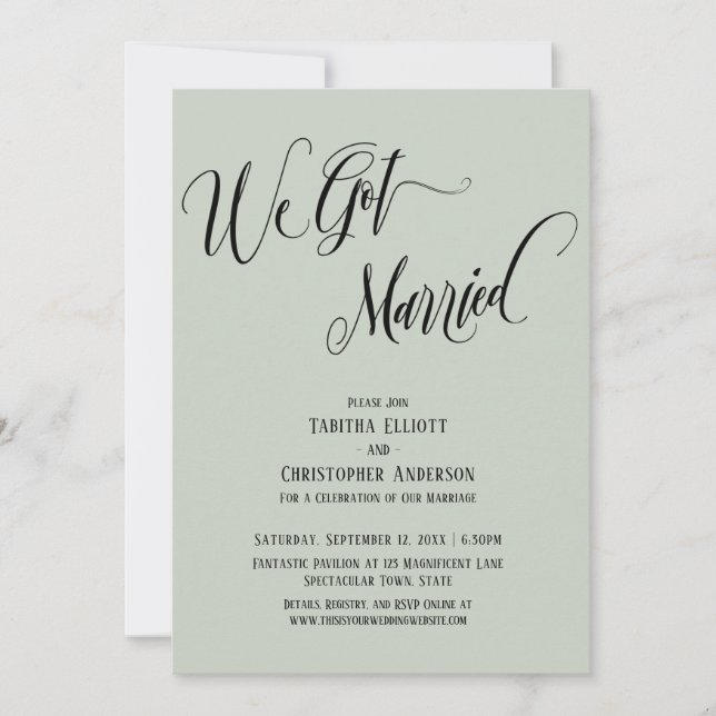 We Got Married Elaborate Script, Light Sage Green Invitation (Front)
